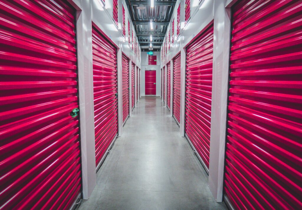 Hallway with storage units inside a storage facility